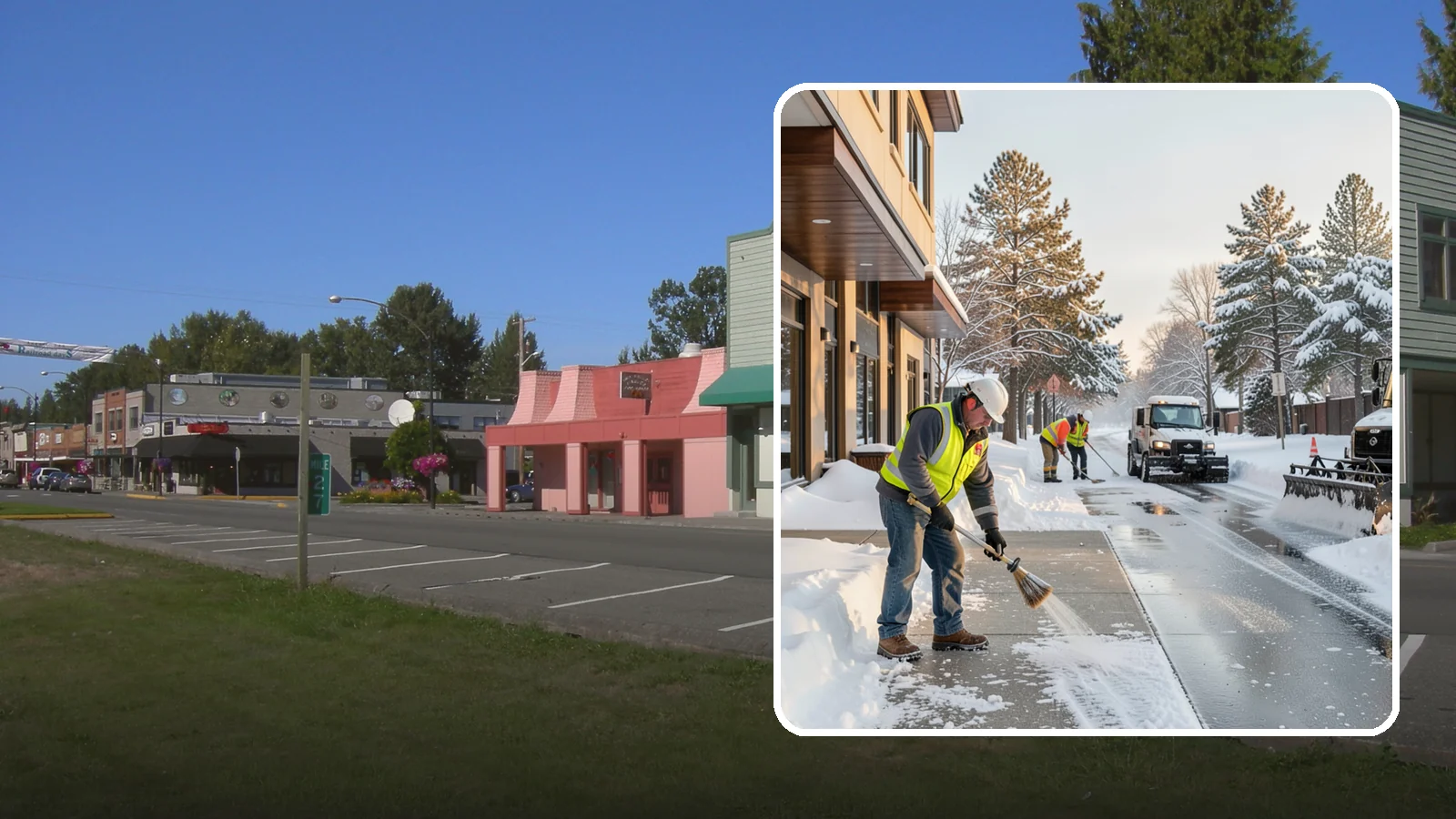 Office Building Sidewalk Clearing in Snoqualmie, King County, WA - Pre-opening sidewalk clearing for Western Washington office buildings so employees and visitors reach the entrance safely before...