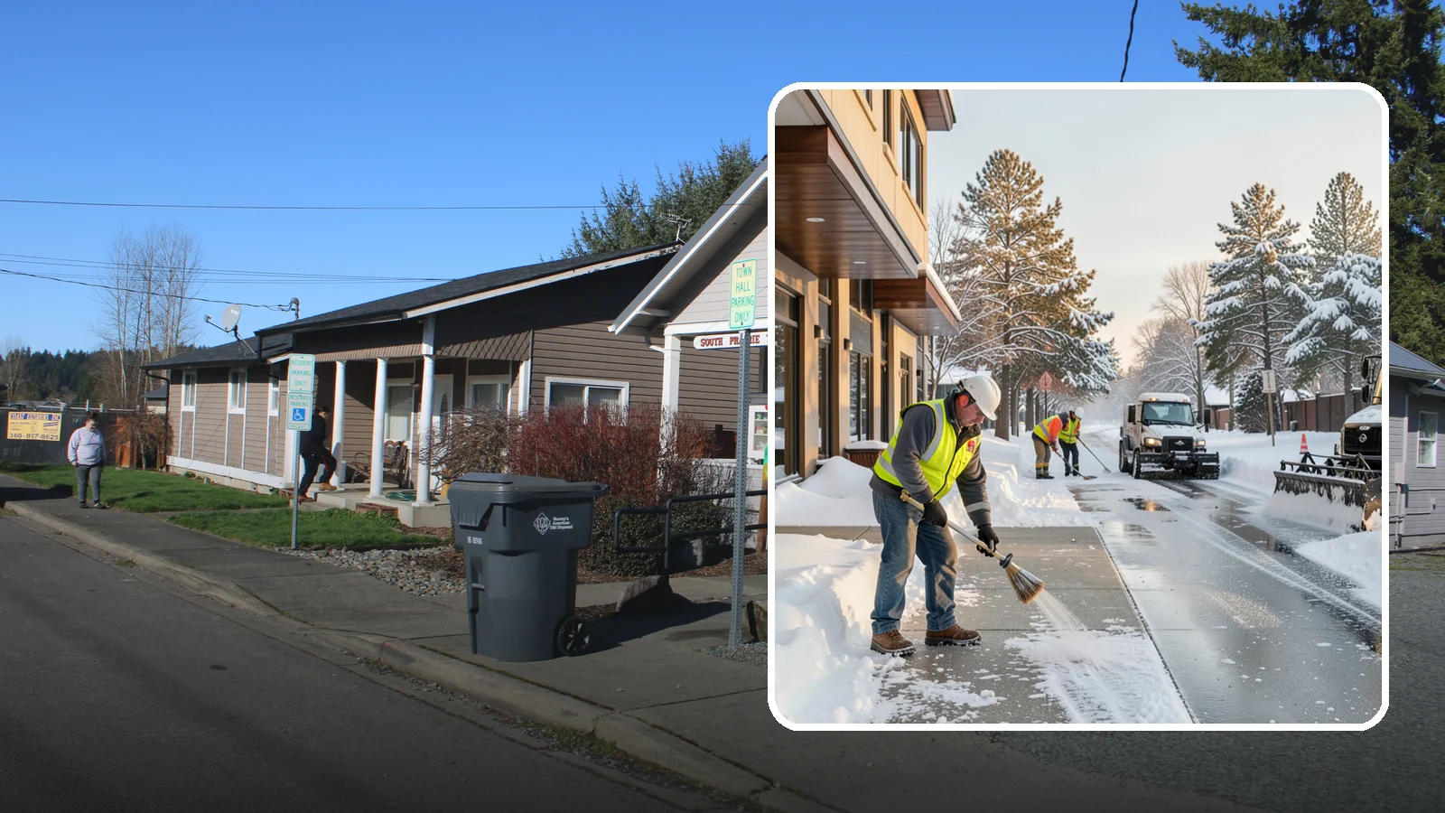 Office Building Sidewalk Clearing in South Prairie, Pierce County, WA - Pre-opening sidewalk clearing for Western Washington office buildings so employees and visitors reach the entrance safely before...