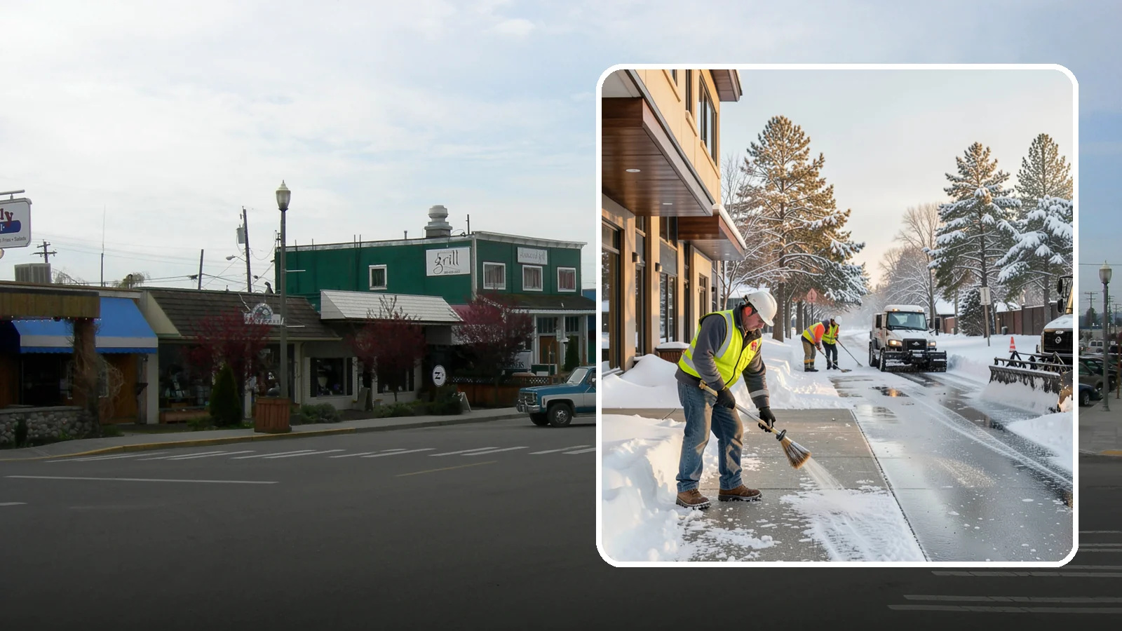 Office Building Sidewalk Clearing in Stanwood, Snohomish County, WA - Pre-opening sidewalk clearing for Western Washington office buildings so employees and visitors reach the entrance safely before...