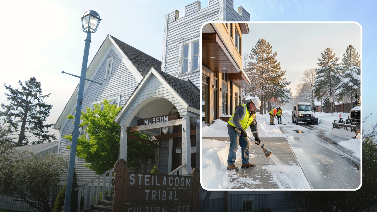 Office Building Sidewalk Clearing in Steilacoom, Pierce County, WA - Pre-opening sidewalk clearing for Western Washington office buildings so employees and visitors reach the entrance safely before...