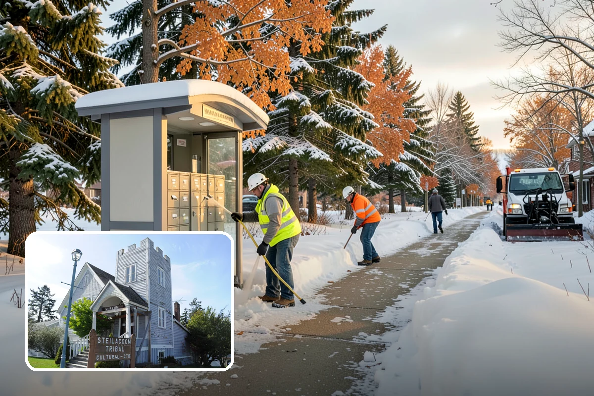 Office Building Sidewalk Clearing in Steilacoom, Pierce County, WA - Clear, dry entrances greet employees and clients each morning