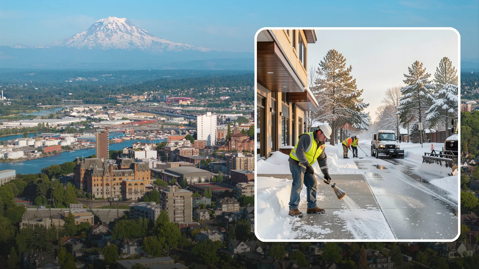 Office Building Sidewalk Clearing in Tacoma, Pierce County, WA - Pre-opening sidewalk clearing for Western Washington office buildings so employees and visitors reach the entrance safely before...