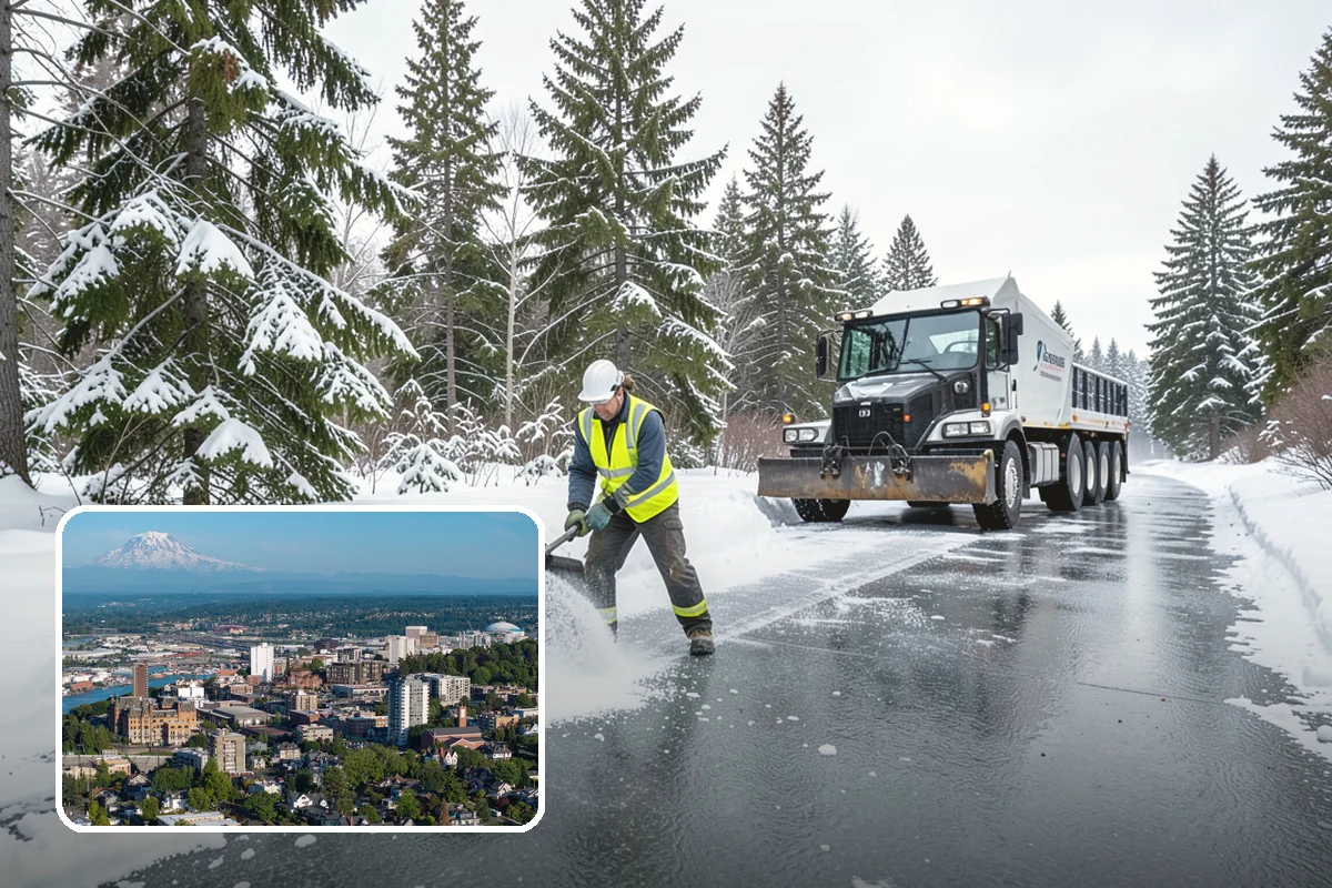 Office Building Sidewalk Clearing in Tacoma, Pierce County, WA - Clear, dry entrances greet employees and clients each morning