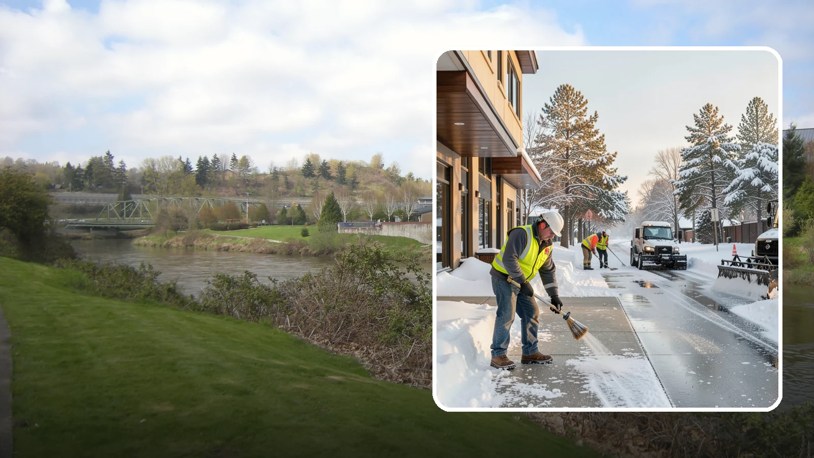 Office Building Sidewalk Clearing in Tukwila, King County, WA - Pre-opening sidewalk clearing for Western Washington office buildings so employees and visitors reach the entrance safely before...