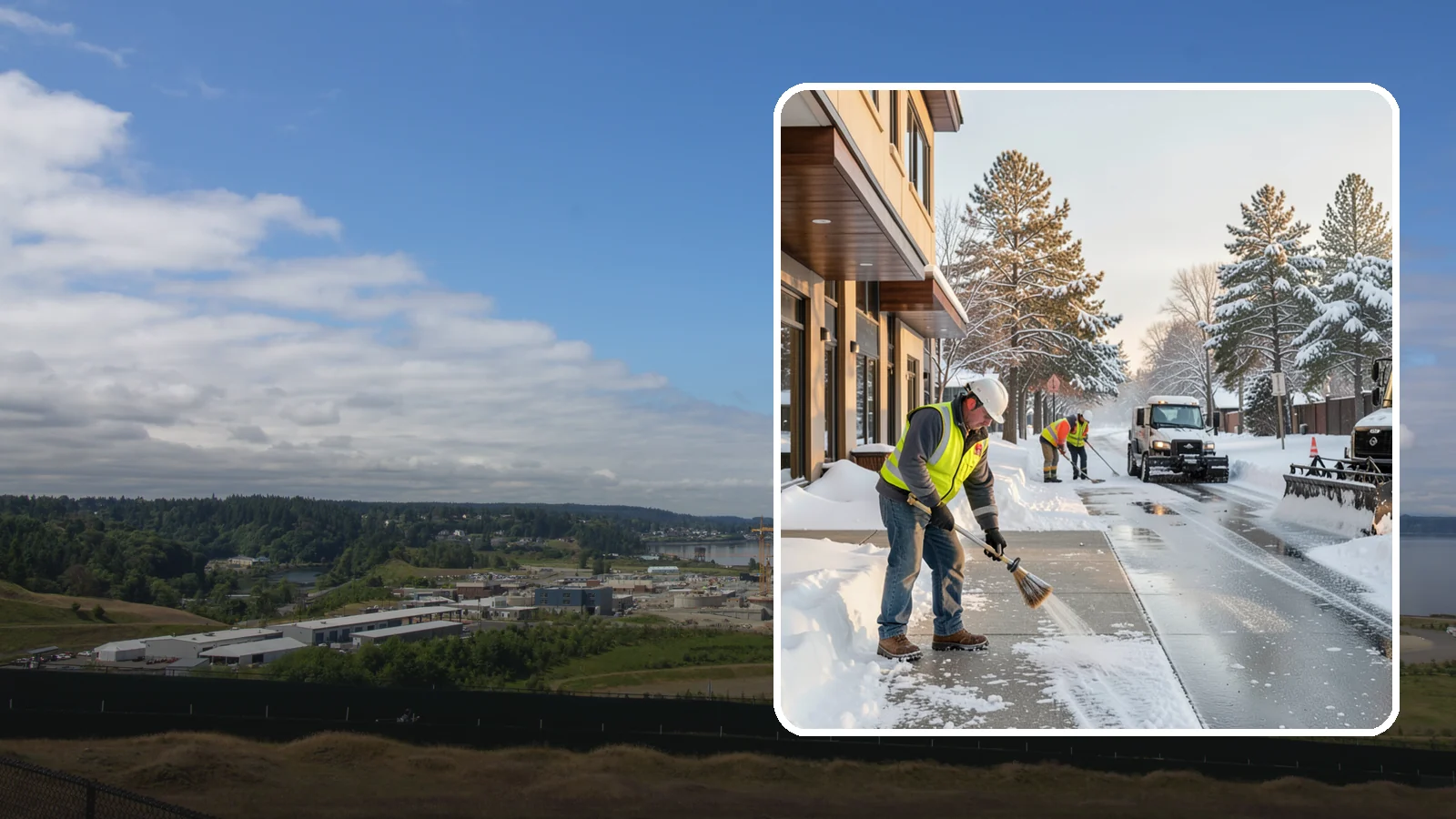 Office Building Sidewalk Clearing in University Place, Pierce County, WA - Pre-opening sidewalk clearing for Western Washington office buildings so employees and visitors reach the entrance safely before...