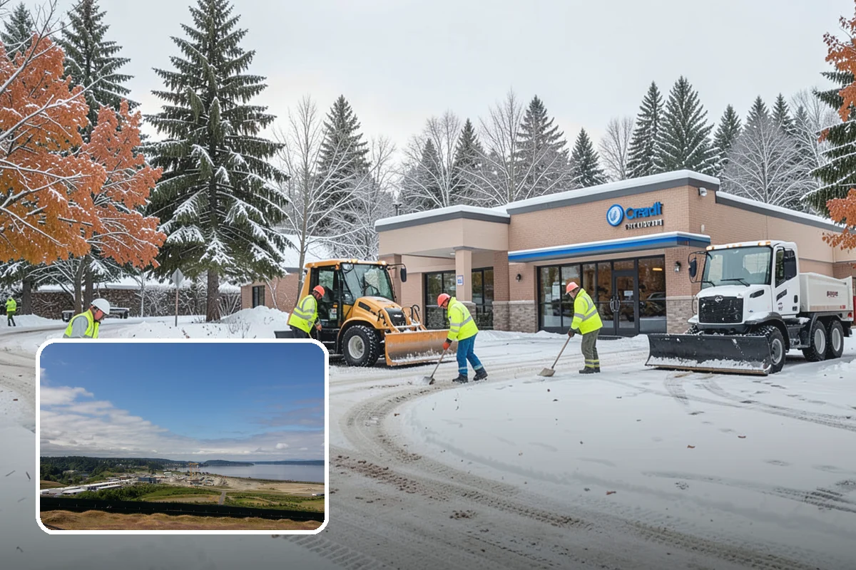 Office Building Sidewalk Clearing in University Place, Pierce County, WA - Clear, dry entrances greet employees and clients each morning