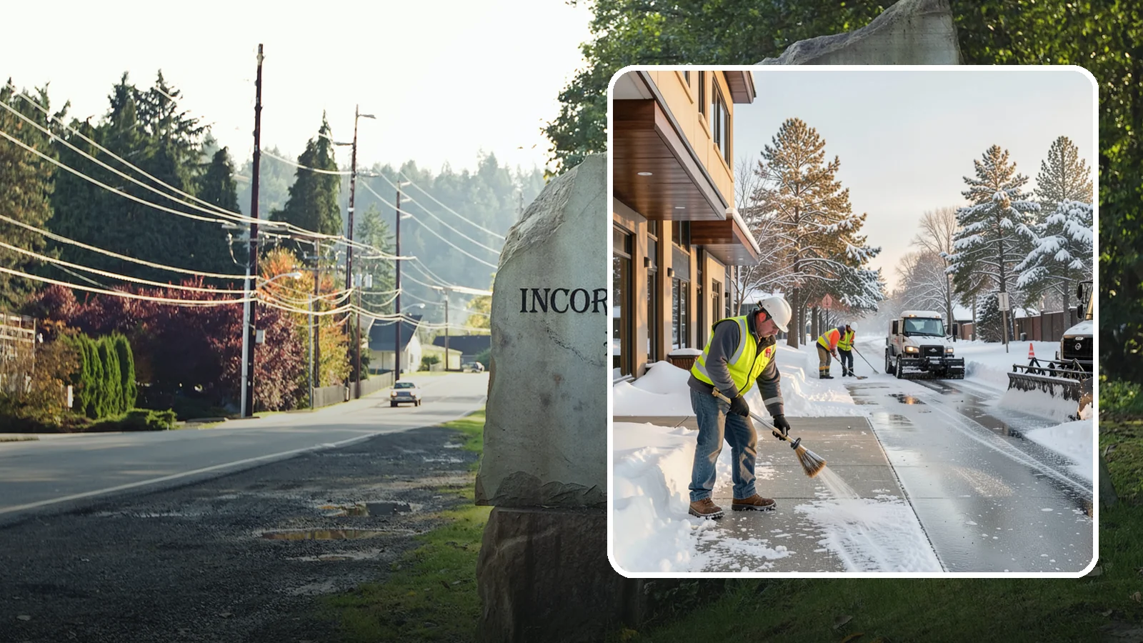 Office Building Sidewalk Clearing in Wilkeson, Pierce County, WA - Pre-opening sidewalk clearing for Western Washington office buildings so employees and visitors reach the entrance safely before...