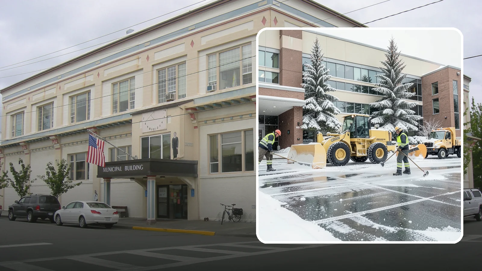 Office Building Snow Plowing in Anacortes, Skagit County, WA - We plow office building lots and entrances overnight so employees and clients arrive to clear, safe parking at opening.