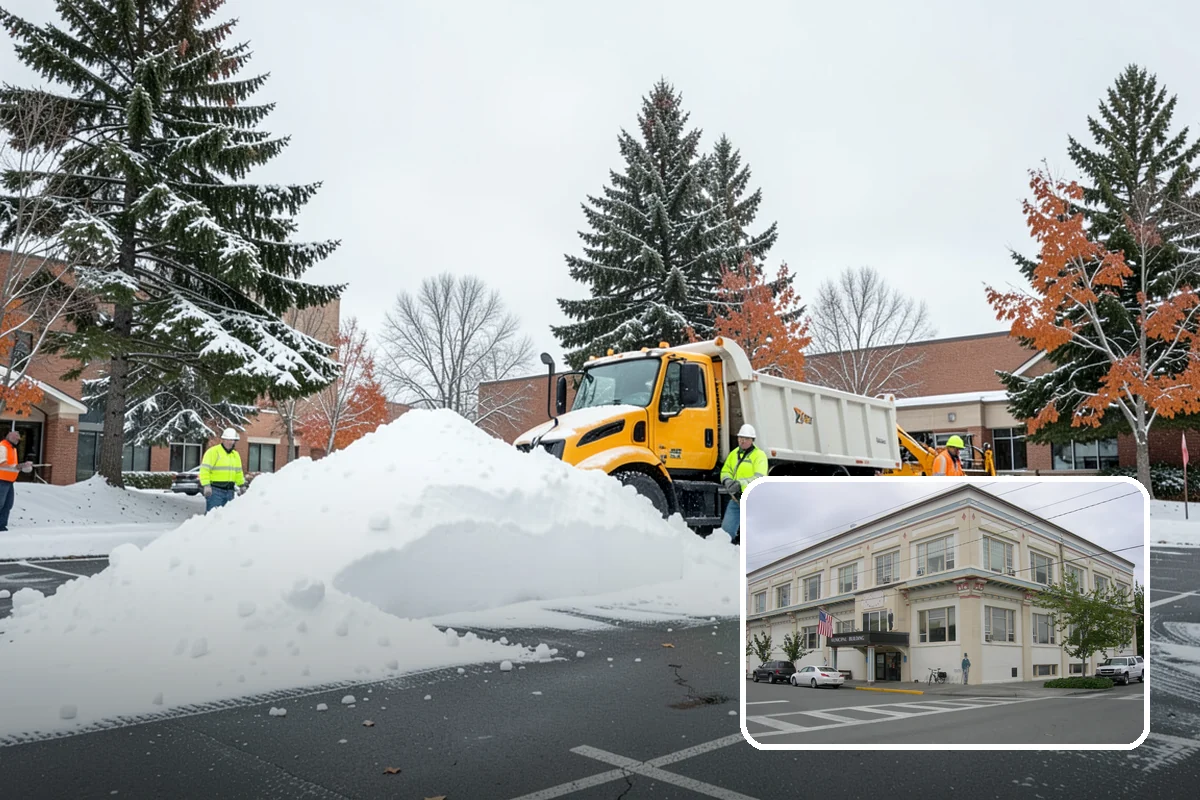 Office Building Snow Plowing in Anacortes, Skagit County, WA - Lots and entrances cleared before the morning arrival window