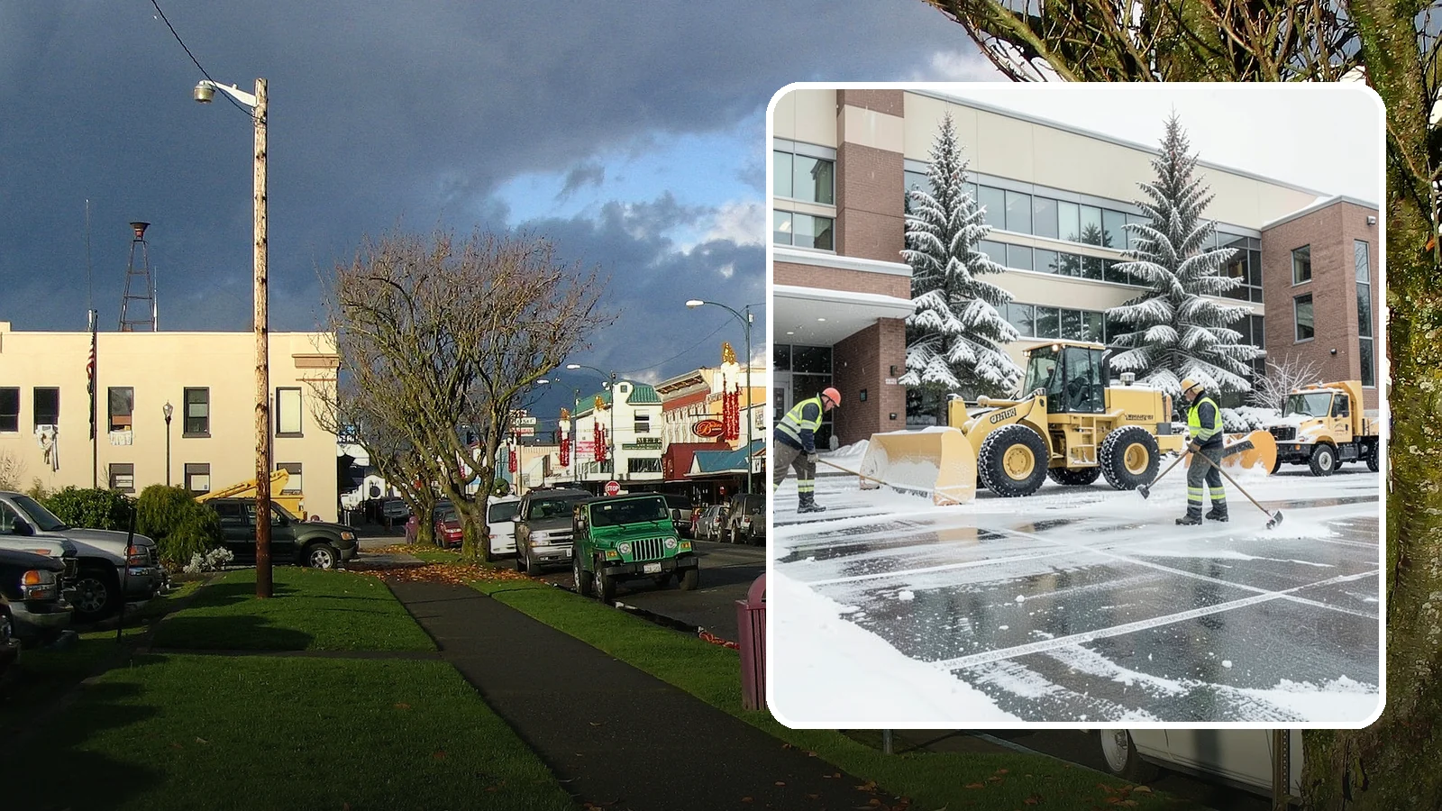 Office Building Snow Plowing in Arlington, Snohomish County, WA - We plow office building lots and entrances overnight so employees and clients arrive to clear, safe parking at opening.