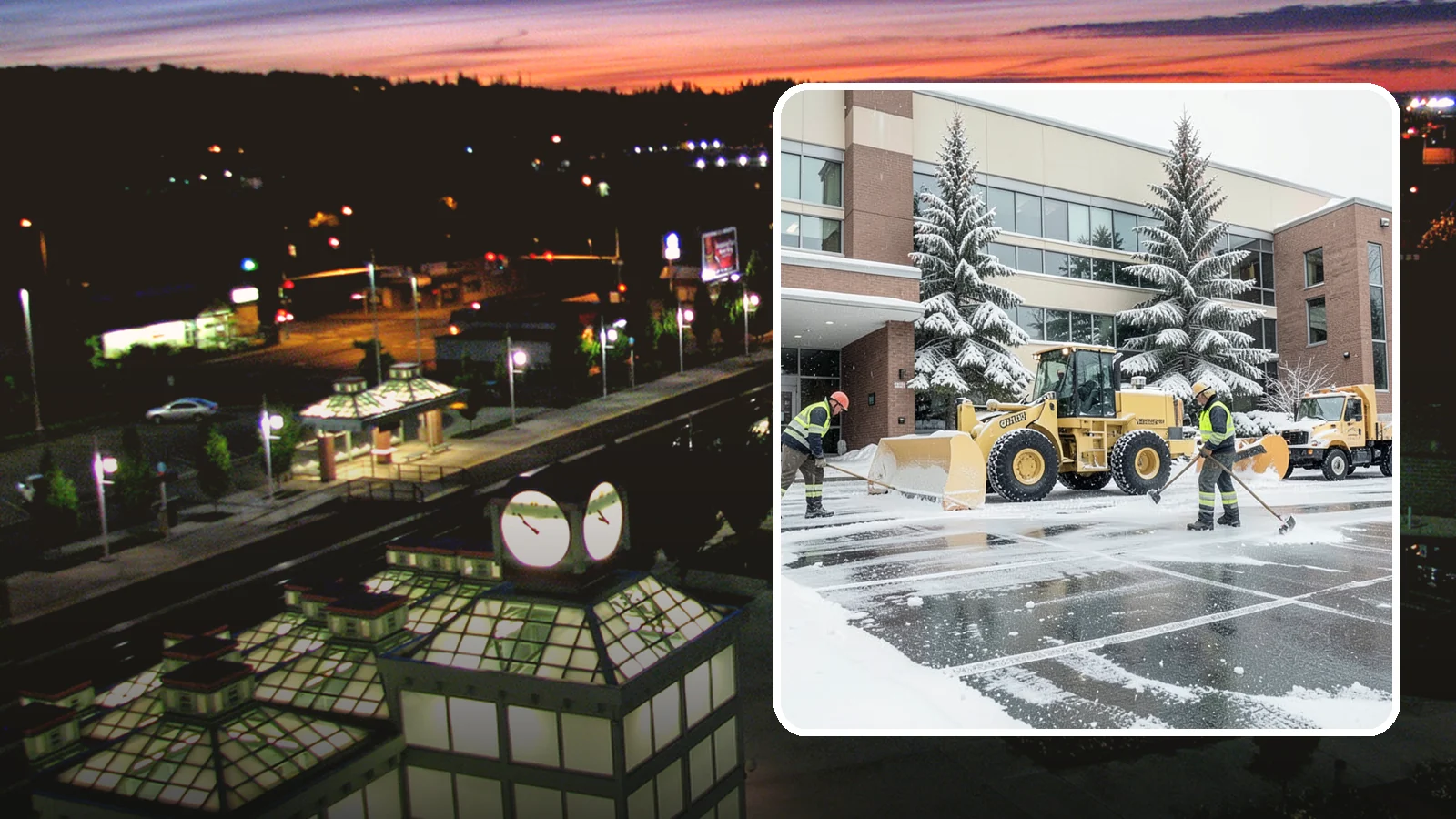 Office Building Snow Plowing in Auburn, King County, WA - We plow office building lots and entrances overnight so employees and clients arrive to clear, safe parking at opening.