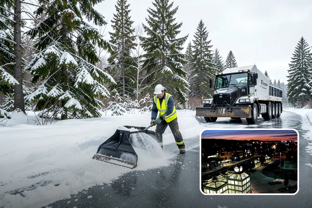 Office Building Snow Plowing in Auburn, King County, WA - Lots and entrances cleared before the morning arrival window