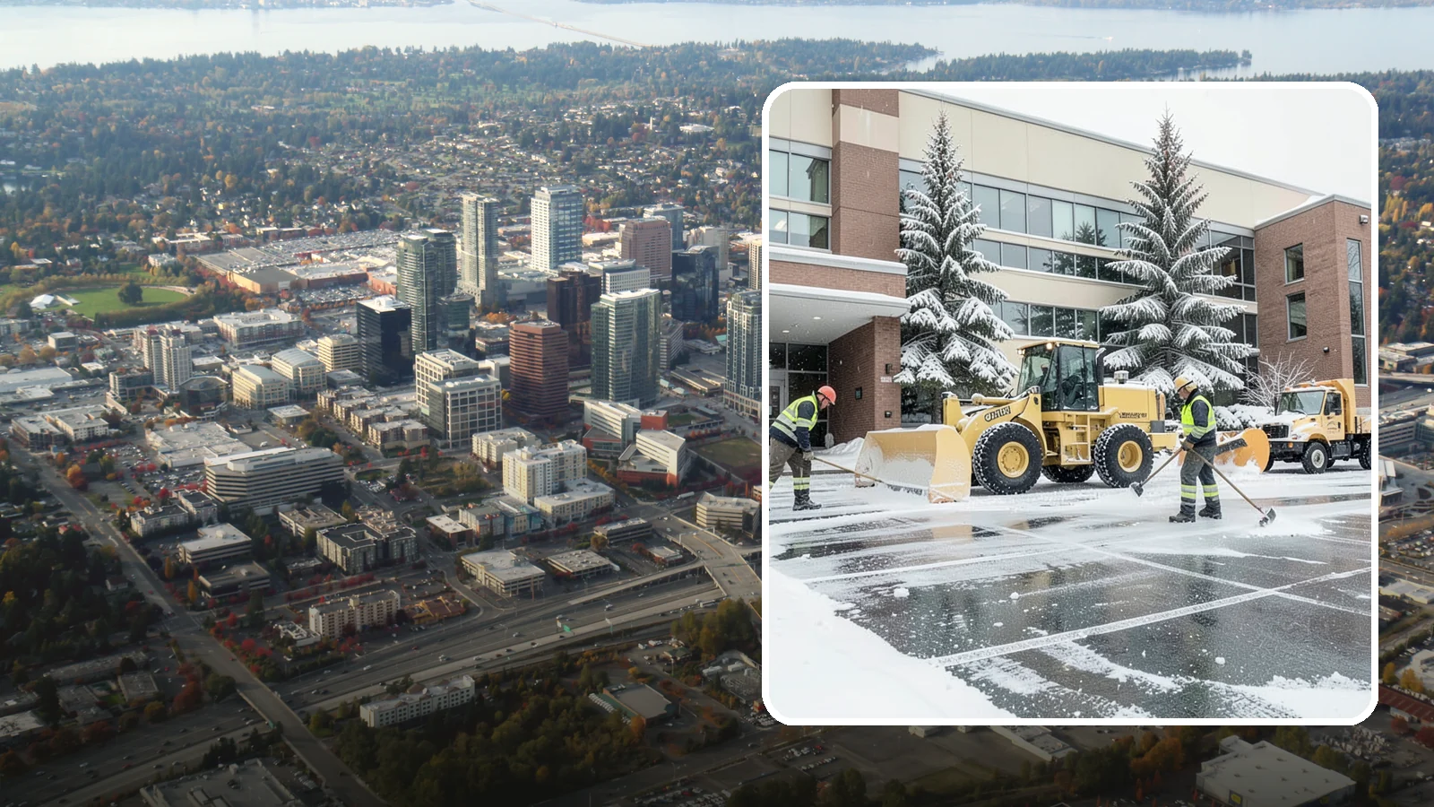 Office Building Snow Plowing in Bellevue, King County, WA - We plow office building lots and entrances overnight so employees and clients arrive to clear, safe parking at opening.