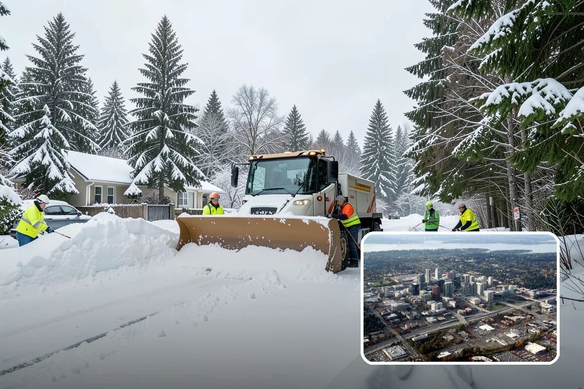 Office Building Snow Plowing in Bellevue, King County, WA - Lots and entrances cleared before the morning arrival window
