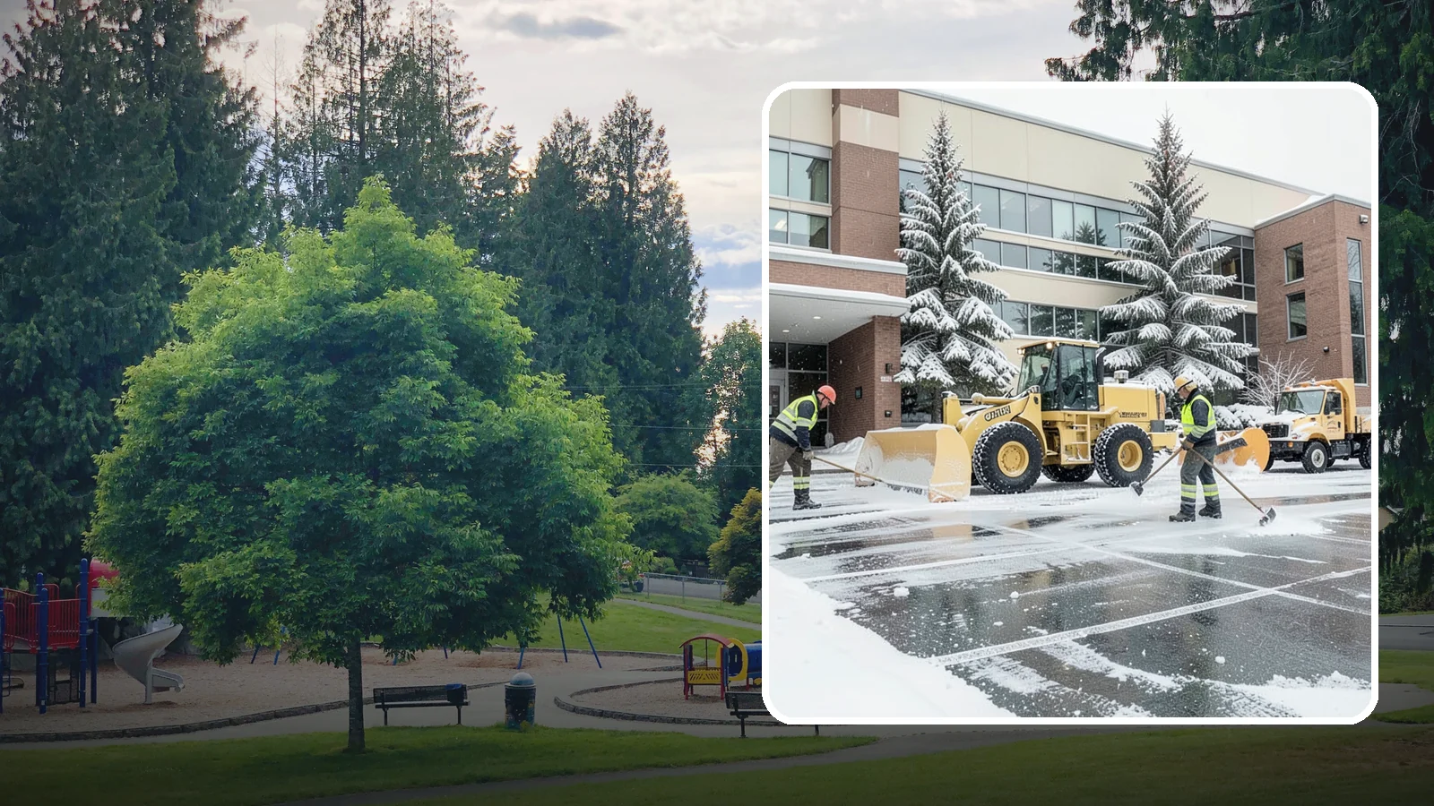 Office Building Snow Plowing in Bonney Lake, Pierce County, WA - We plow office building lots and entrances overnight so employees and clients arrive to clear, safe parking at opening.