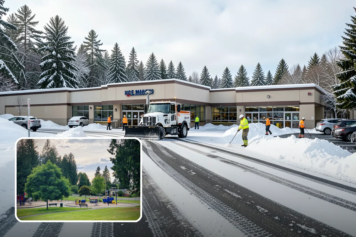 Office Building Snow Plowing in Bonney Lake, Pierce County, WA - Lots and entrances cleared before the morning arrival window
