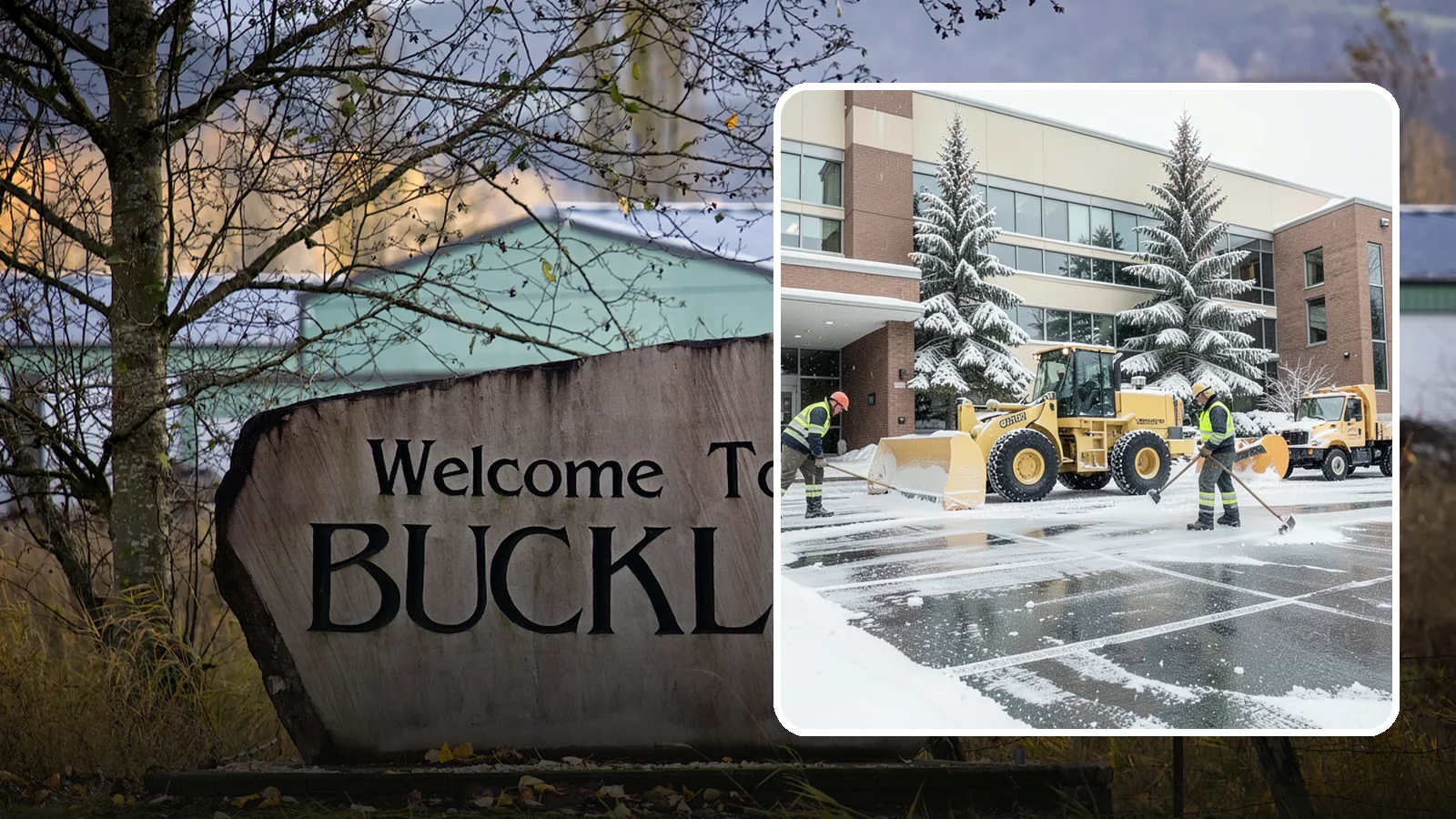 Office Building Snow Plowing in Buckley, Pierce County, WA - We plow office building lots and entrances overnight so employees and clients arrive to clear, safe parking at opening.