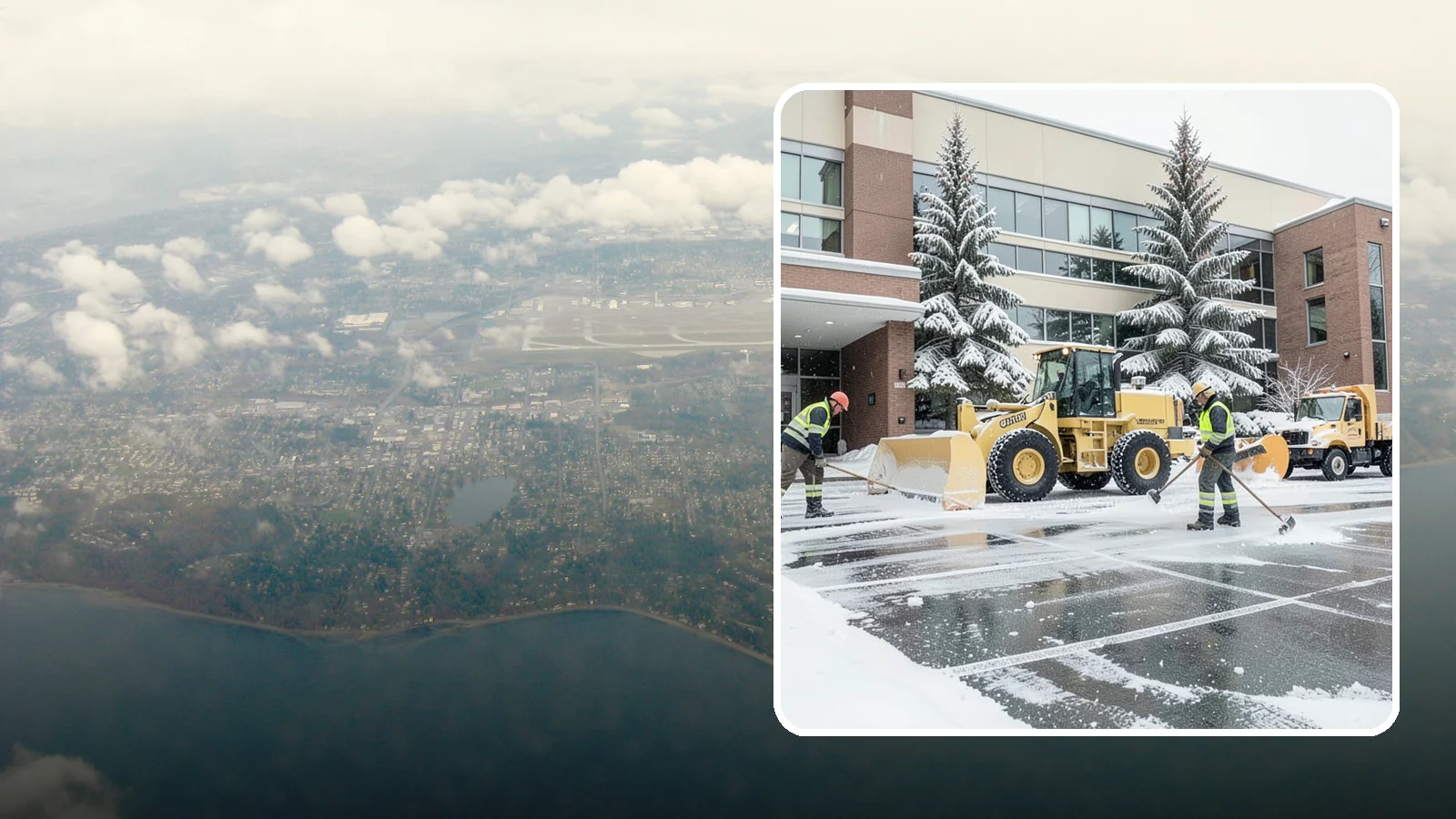 Office Building Snow Plowing in Burien, King County, WA - We plow office building lots and entrances overnight so employees and clients arrive to clear, safe parking at opening.