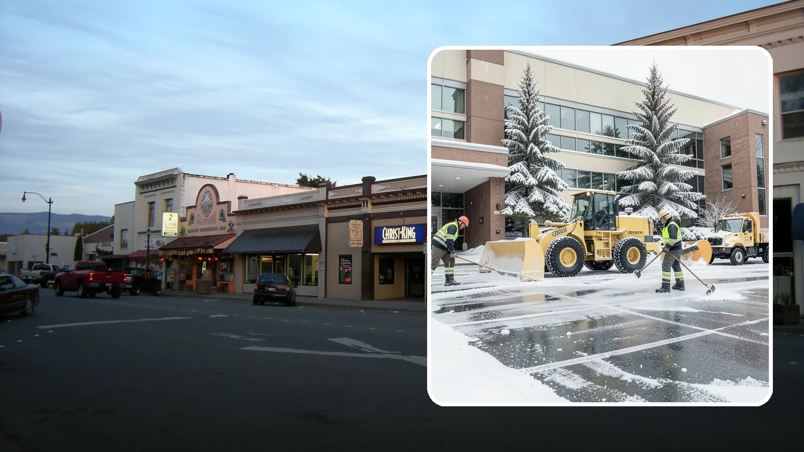 Office Building Snow Plowing in Burlington, Skagit County, WA - We plow office building lots and entrances overnight so employees and clients arrive to clear, safe parking at opening.