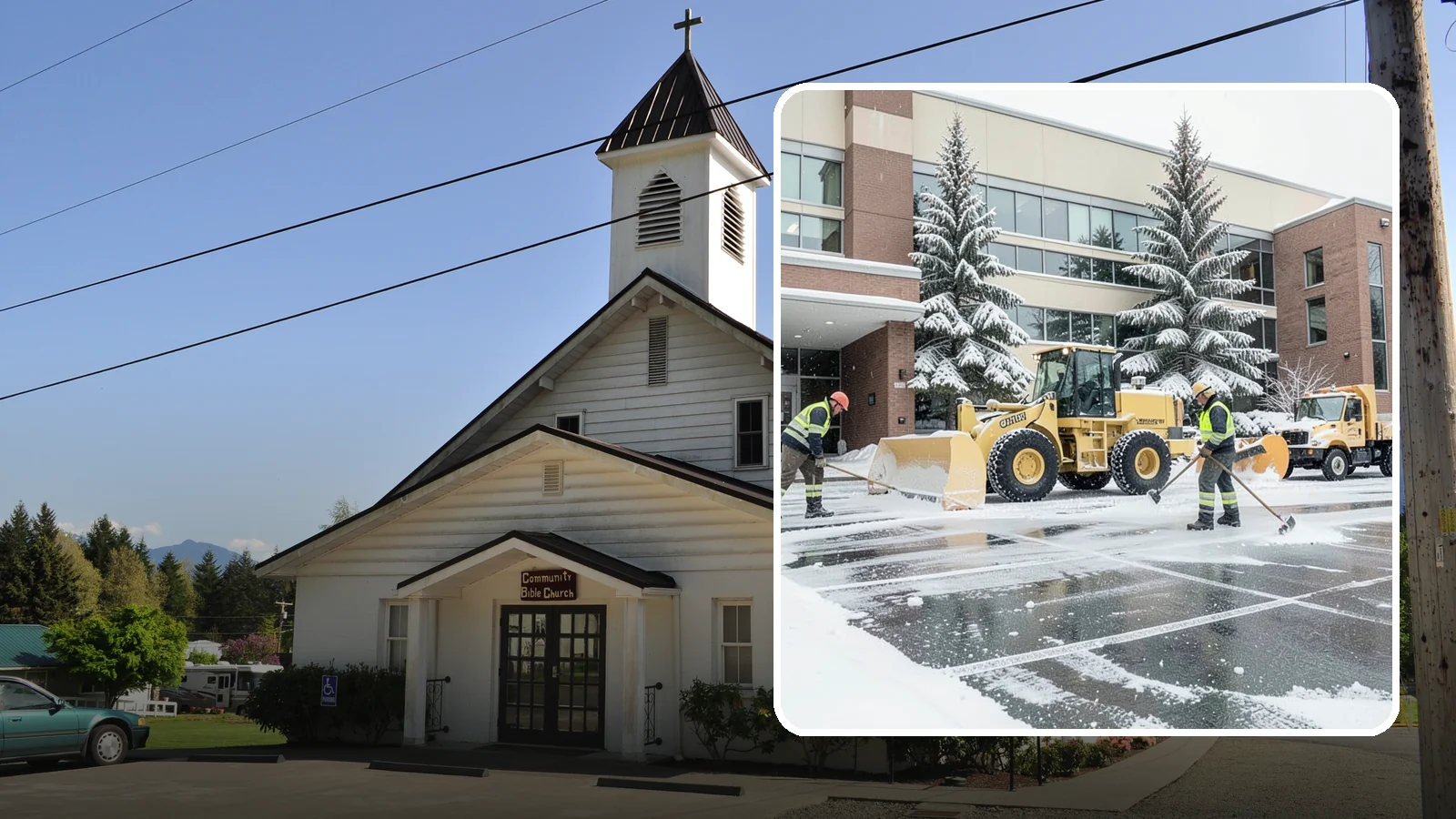 Office Building Snow Plowing in Concrete, Skagit County, WA - We plow office building lots and entrances overnight so employees and clients arrive to clear, safe parking at opening.