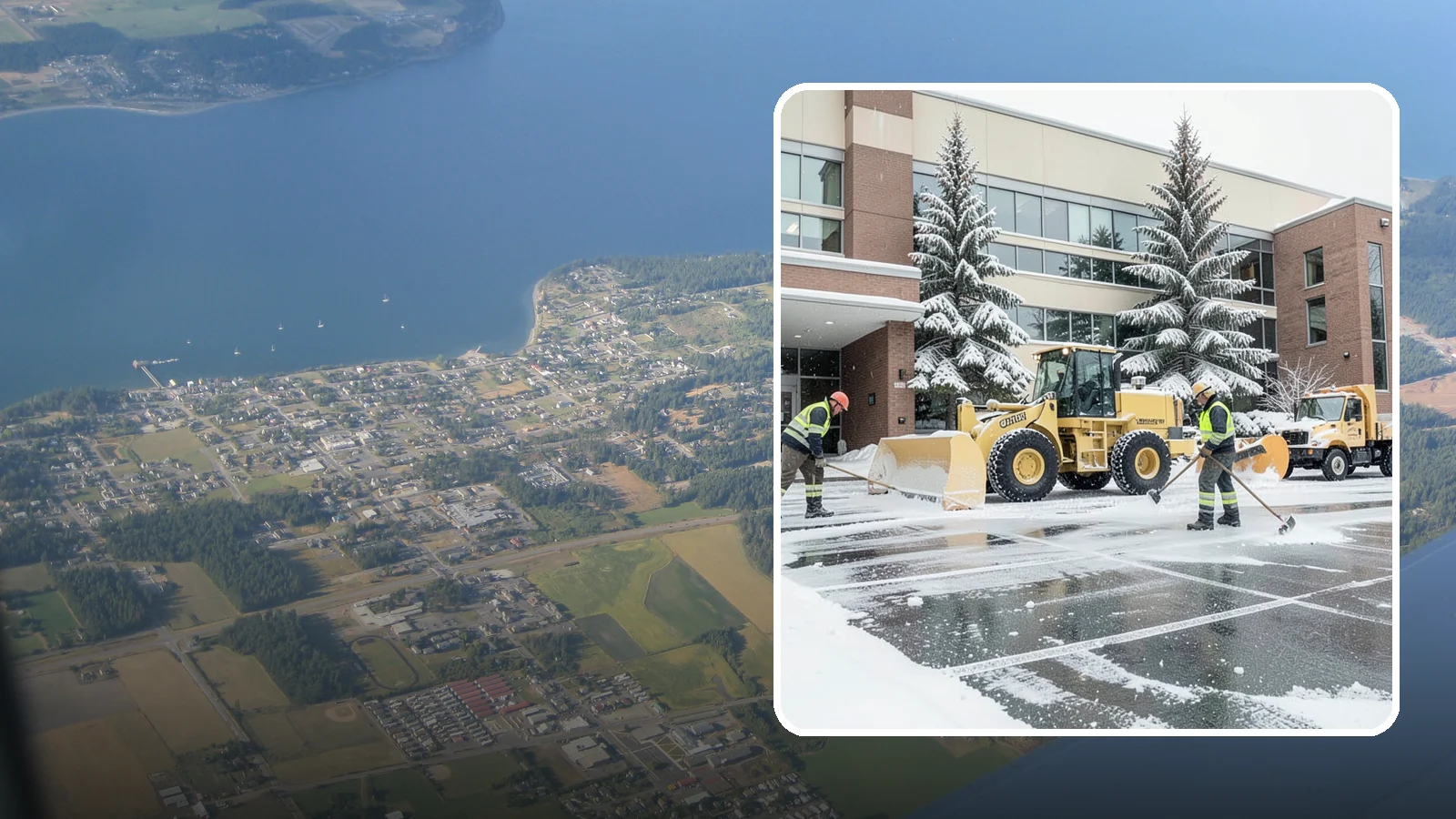 Office Building Snow Plowing in Coupeville, Island County, WA - We plow office building lots and entrances overnight so employees and clients arrive to clear, safe parking at opening.