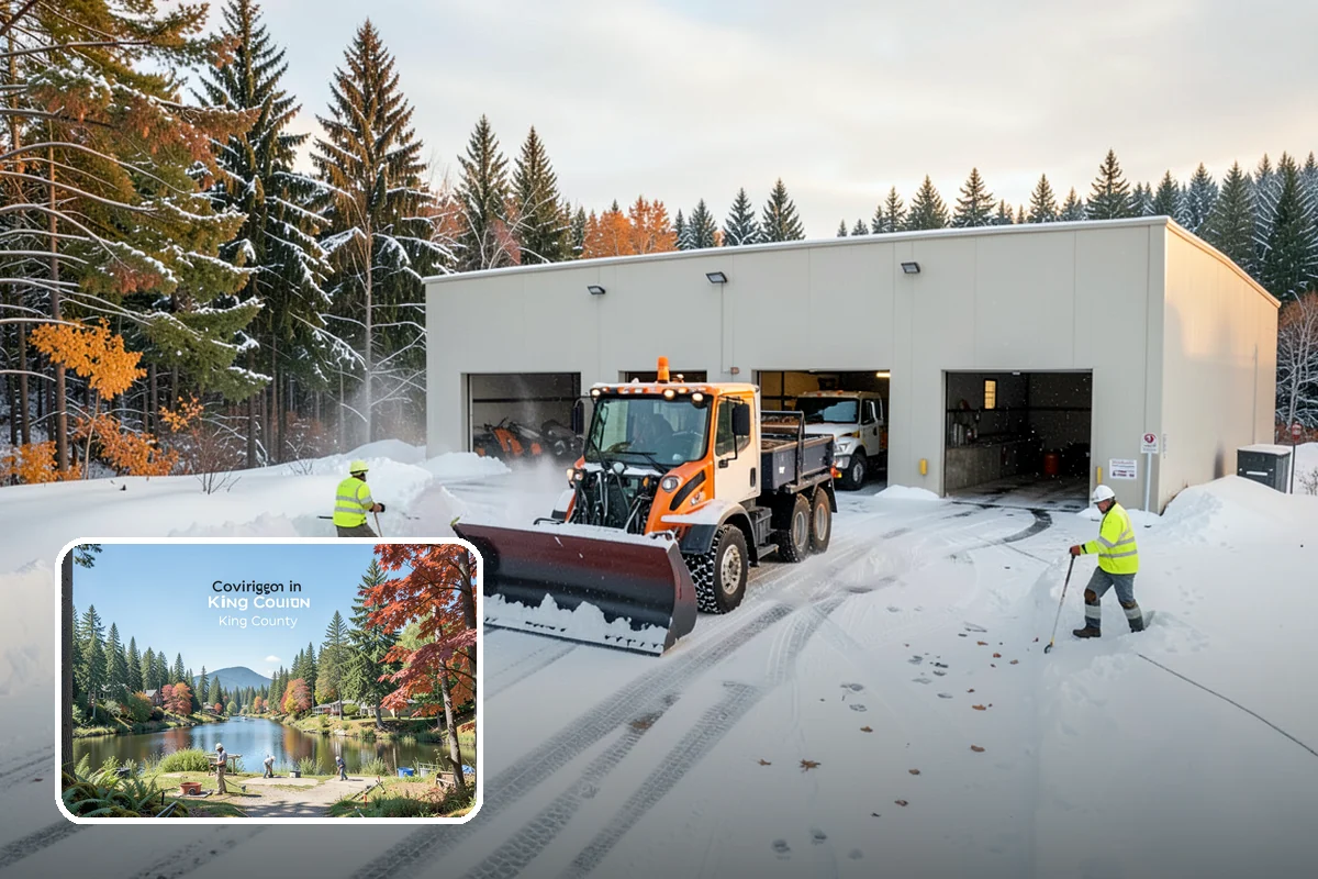 Office Building Snow Plowing in Covington, King County, WA - Lots and entrances cleared before the morning arrival window