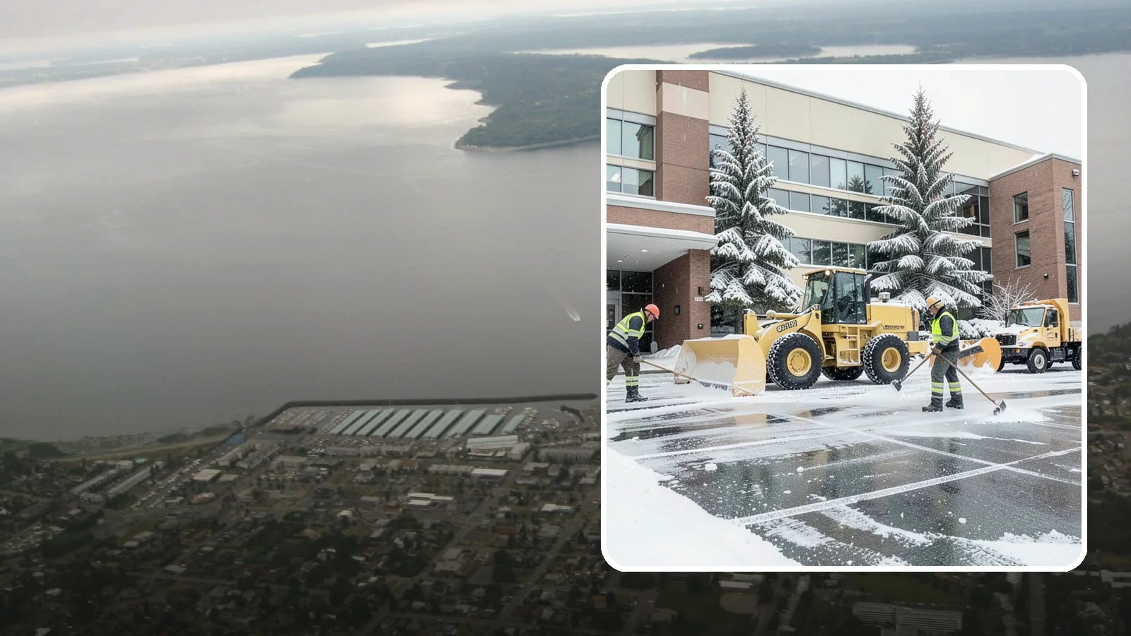 Office Building Snow Plowing in Des Moines, King County, WA - We plow office building lots and entrances overnight so employees and clients arrive to clear, safe parking at opening.