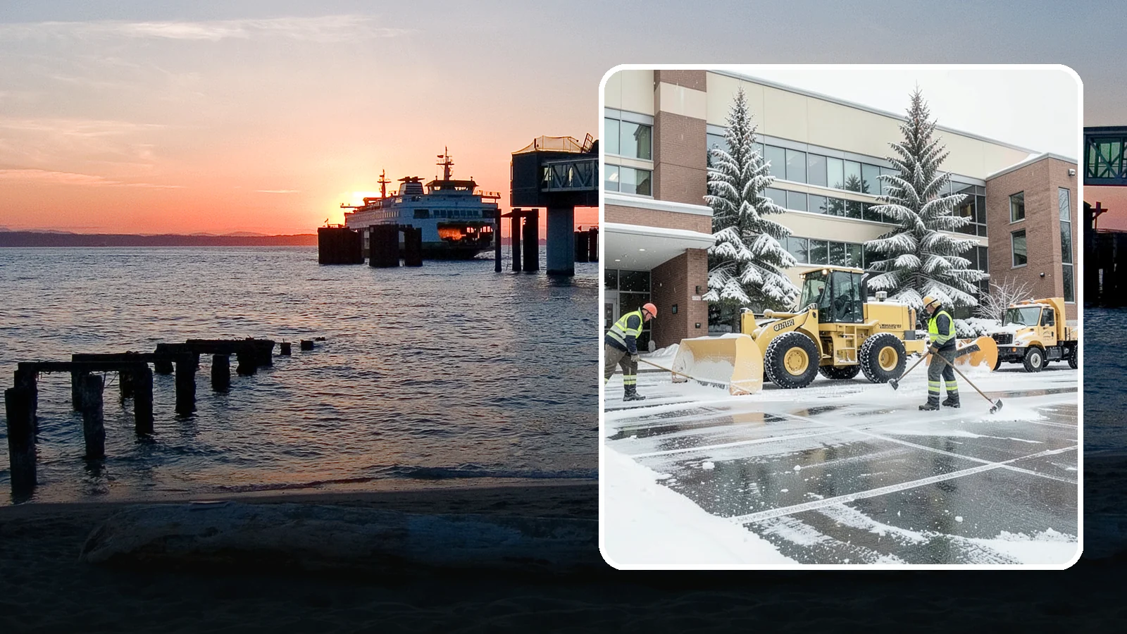 Office Building Snow Plowing in Edmonds, Snohomish County, WA - We plow office building lots and entrances overnight so employees and clients arrive to clear, safe parking at opening.