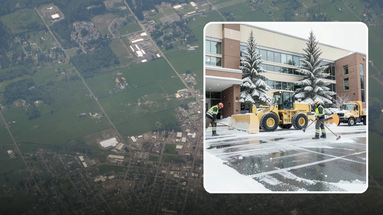 Office Building Snow Plowing in Enumclaw, King County, WA - We plow office building lots and entrances overnight so employees and clients arrive to clear, safe parking at opening.