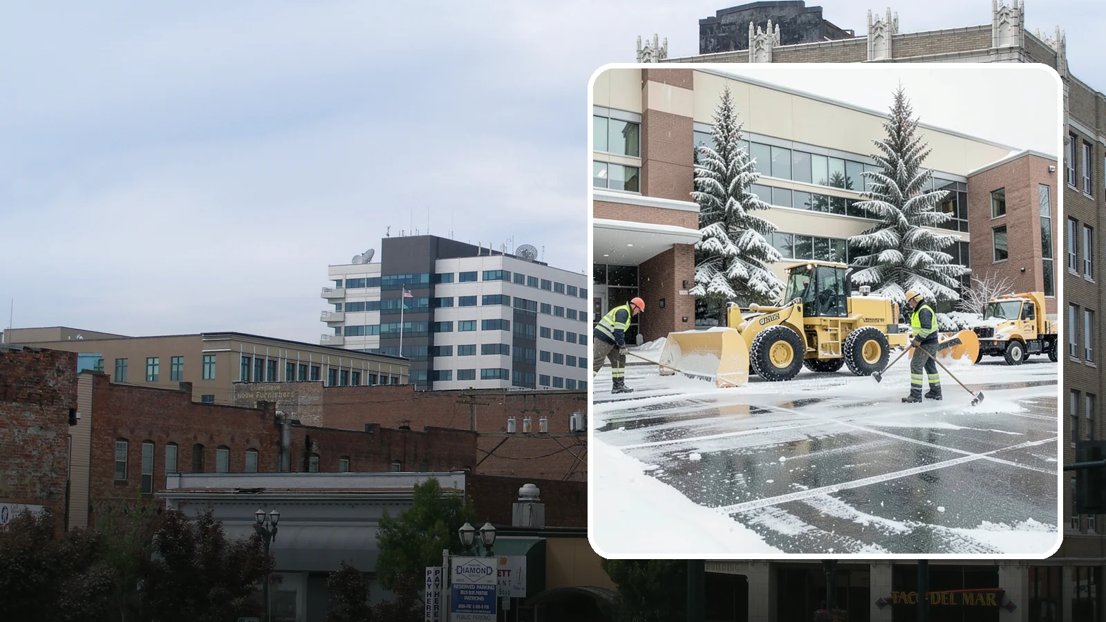 Office Building Snow Plowing in Everett, Snohomish County, WA - We plow office building lots and entrances overnight so employees and clients arrive to clear, safe parking at opening.