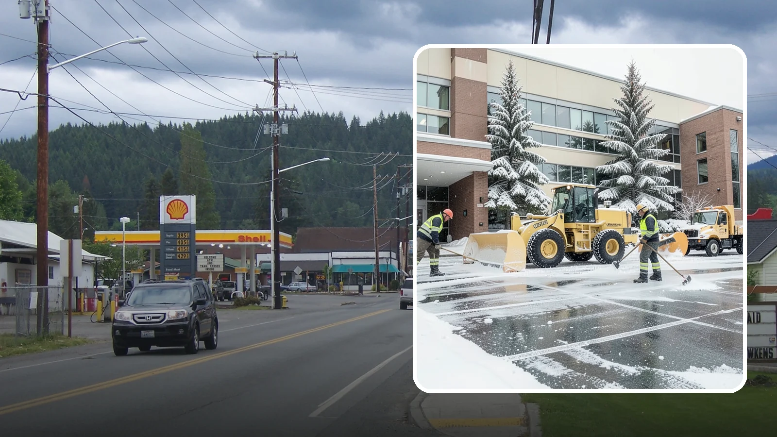 Office Building Snow Plowing in Granite Falls, Snohomish County, WA - We plow office building lots and entrances overnight so employees and clients arrive to clear, safe parking at opening.