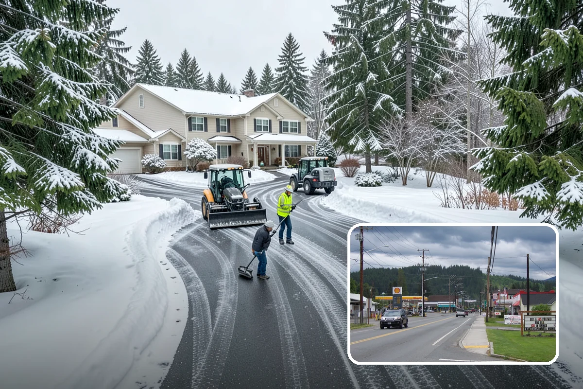 Office Building Snow Plowing in Granite Falls, Snohomish County, WA - Lots and entrances cleared before the morning arrival window