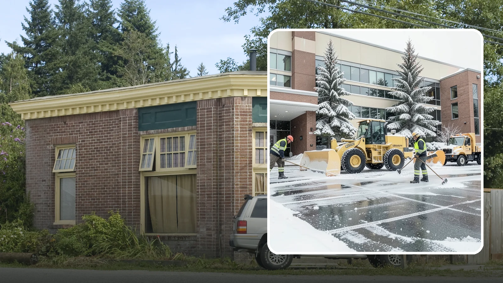 Office Building Snow Plowing in Hamilton, Skagit County, WA - We plow office building lots and entrances overnight so employees and clients arrive to clear, safe parking at opening.