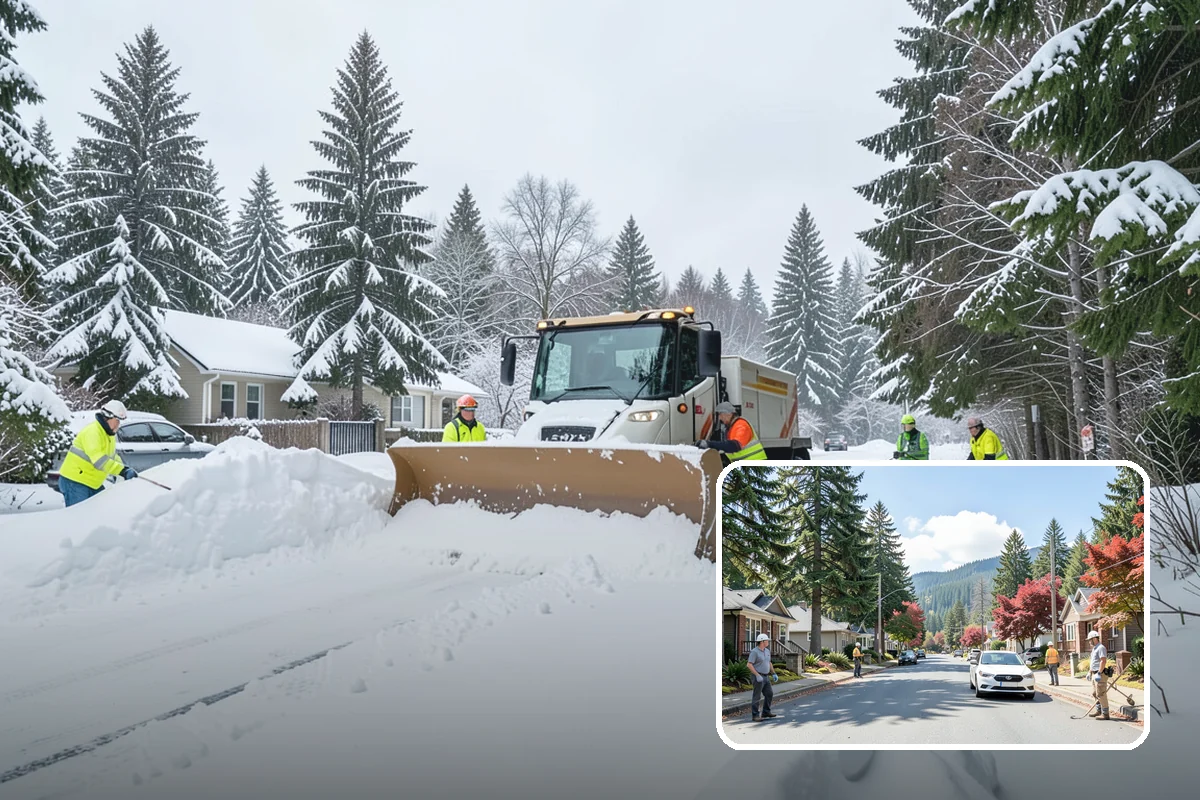 Office Building Snow Plowing in Hunts Point, King County, WA - Lots and entrances cleared before the morning arrival window
