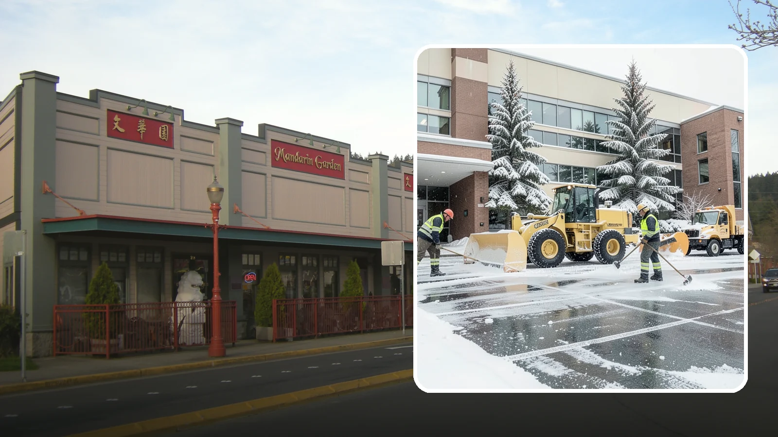 Office Building Snow Plowing in Issaquah, King County, WA - We plow office building lots and entrances overnight so employees and clients arrive to clear, safe parking at opening.