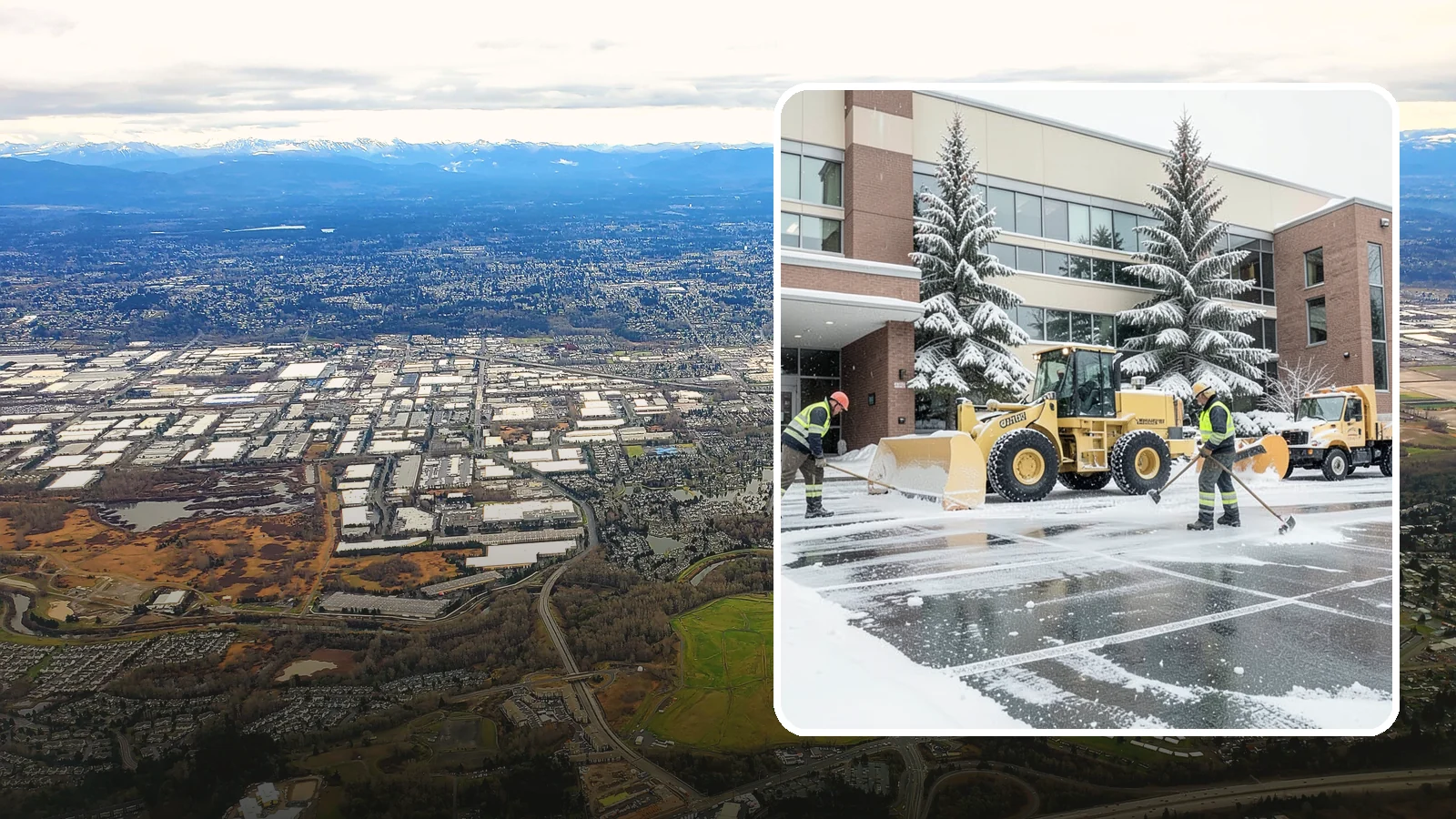 Office Building Snow Plowing in Kent, King County, WA - We plow office building lots and entrances overnight so employees and clients arrive to clear, safe parking at opening.