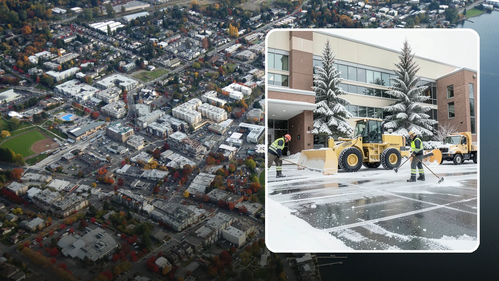 Office Building Snow Plowing in Kirkland, King County, WA - We plow office building lots and entrances overnight so employees and clients arrive to clear, safe parking at opening.