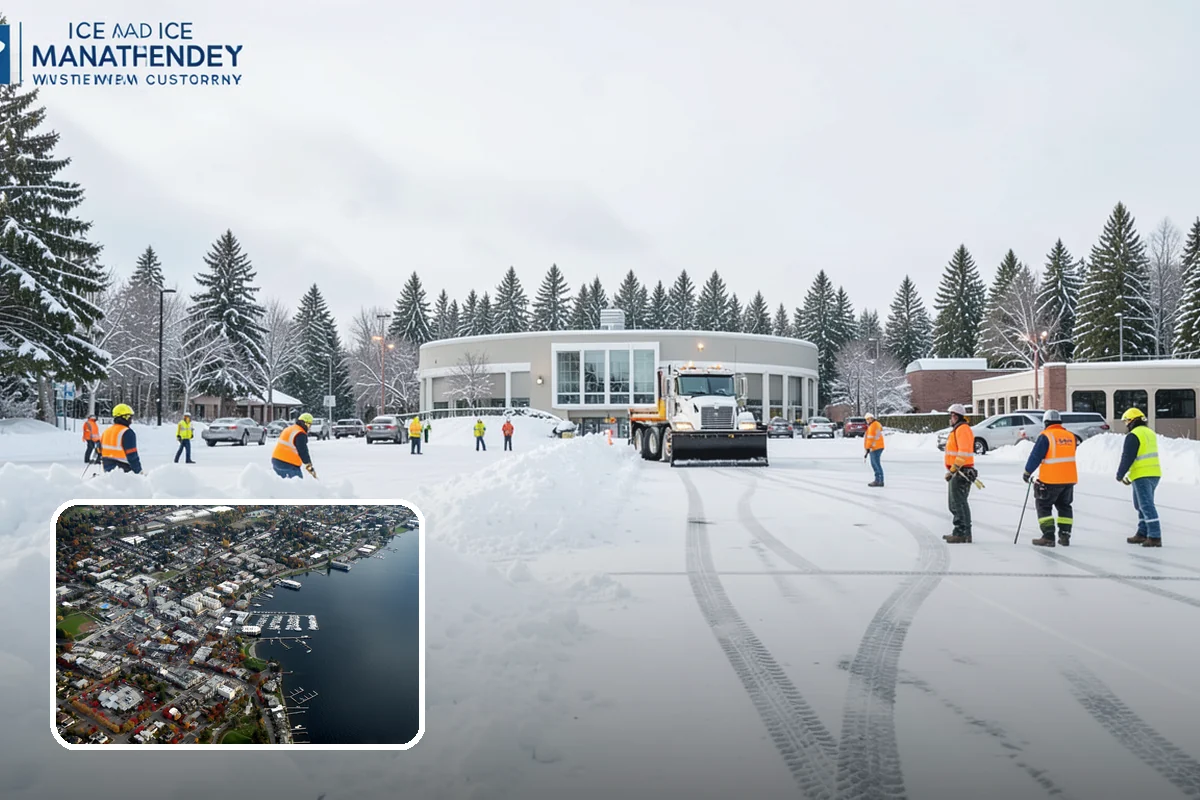 Office Building Snow Plowing in Kirkland, King County, WA - Lots and entrances cleared before the morning arrival window