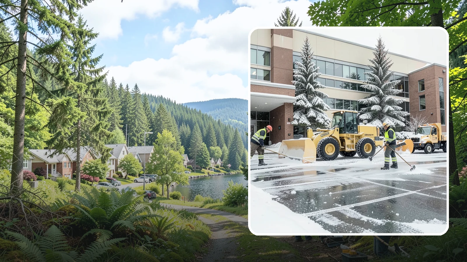 Office Building Snow Plowing in Lake Forest Park, King County, WA - We plow office building lots and entrances overnight so employees and clients arrive to clear, safe parking at opening.