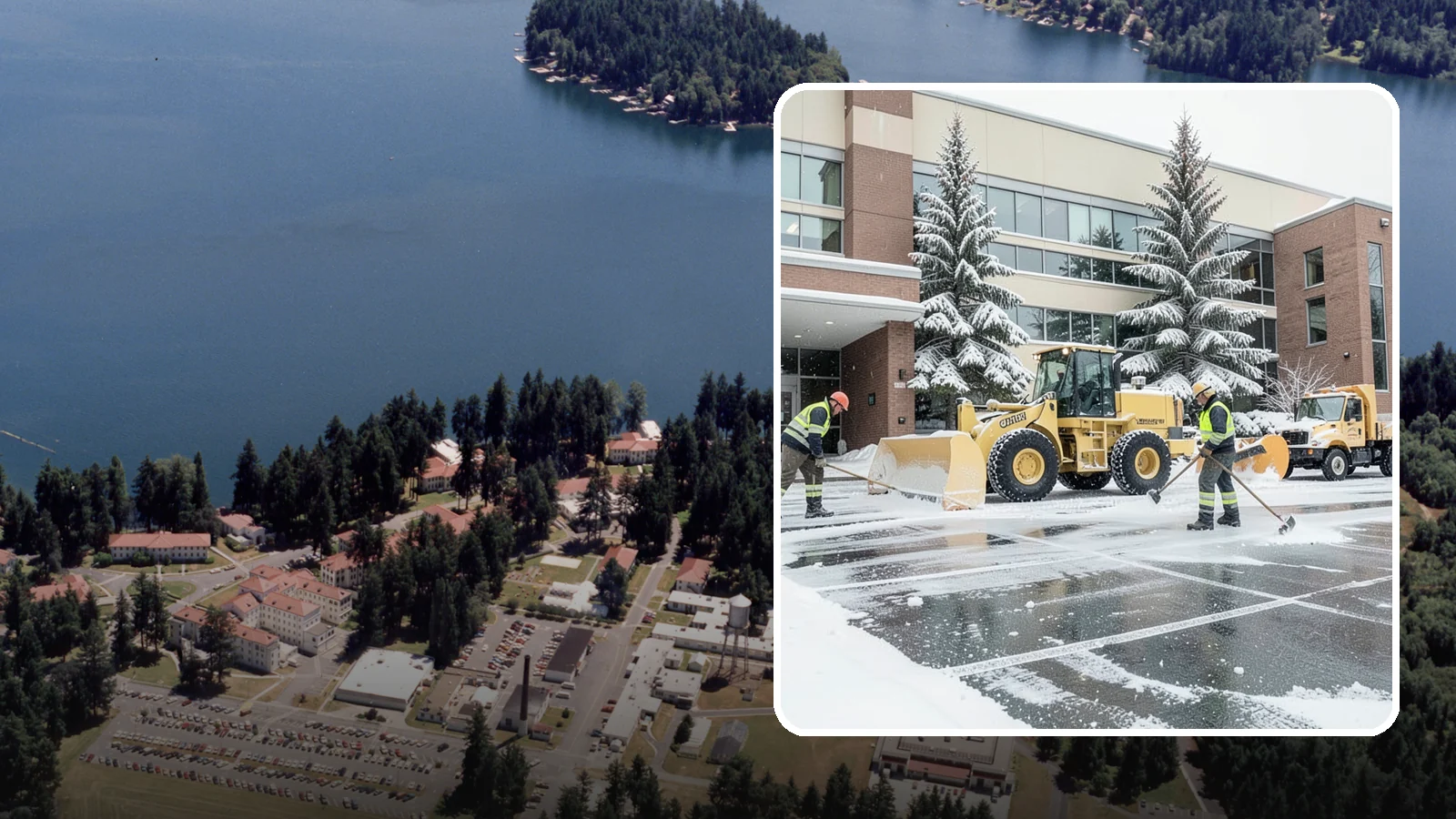 Office Building Snow Plowing in Lakewood, Pierce County, WA - We plow office building lots and entrances overnight so employees and clients arrive to clear, safe parking at opening.