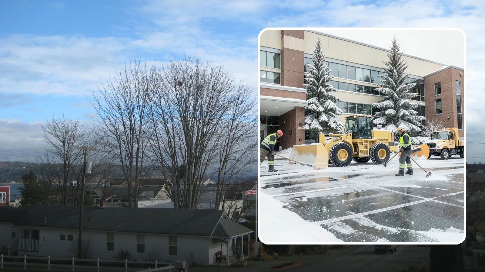 Office Building Snow Plowing in Langley, Island County, WA - We plow office building lots and entrances overnight so employees and clients arrive to clear, safe parking at opening.