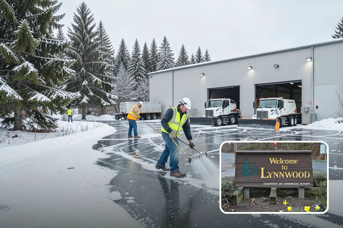Office Building Snow Plowing in Lynnwood, Snohomish County, WA - Lots and entrances cleared before the morning arrival window