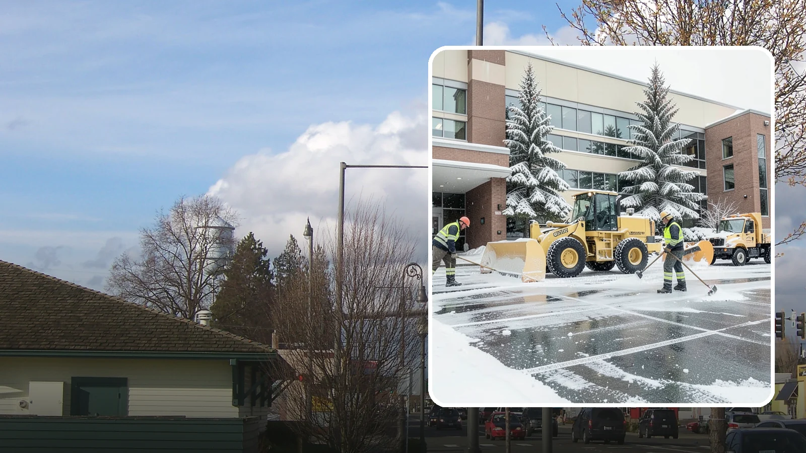 Office Building Snow Plowing in Marysville, Snohomish County, WA - We plow office building lots and entrances overnight so employees and clients arrive to clear, safe parking at opening.