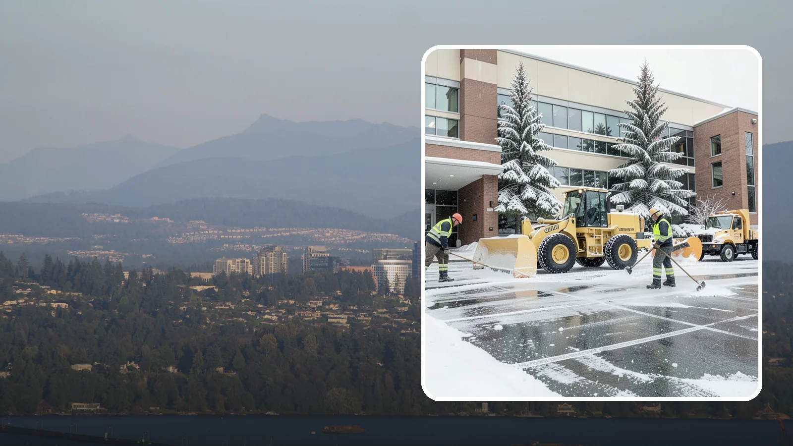 Office Building Snow Plowing in Medina, King County, WA - We plow office building lots and entrances overnight so employees and clients arrive to clear, safe parking at opening.