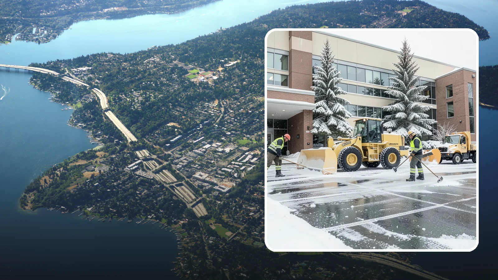 Office Building Snow Plowing in Mercer Island, King County, WA - We plow office building lots and entrances overnight so employees and clients arrive to clear, safe parking at opening.