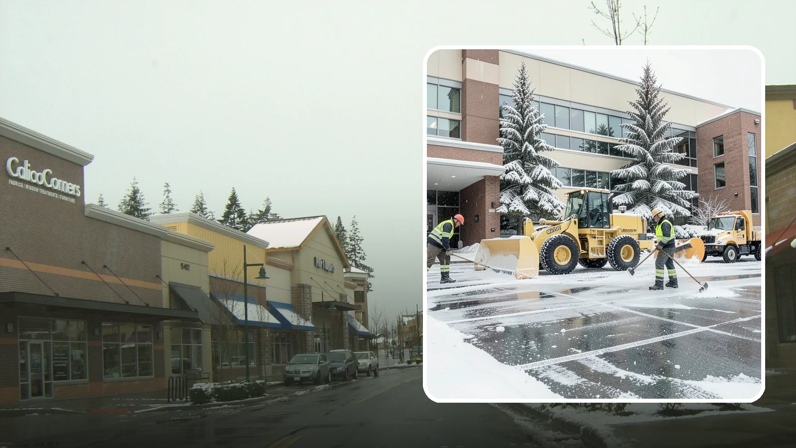 Office Building Snow Plowing in Mill Creek, Snohomish County, WA - We plow office building lots and entrances overnight so employees and clients arrive to clear, safe parking at opening.