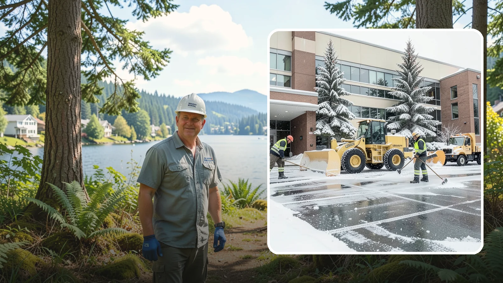 Office Building Snow Plowing in Milton, King County, WA - We plow office building lots and entrances overnight so employees and clients arrive to clear, safe parking at opening.