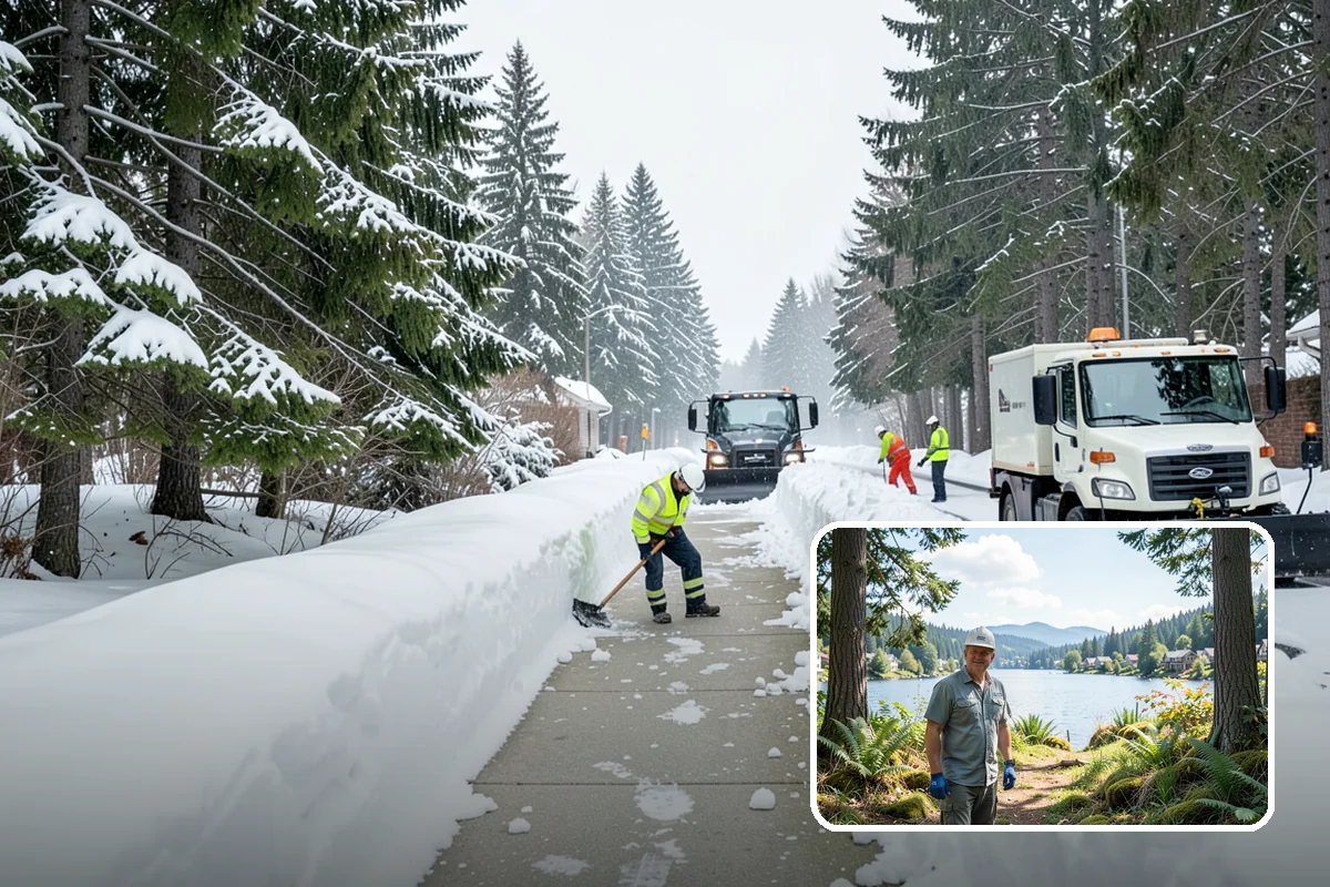 Office Building Snow Plowing in Milton, King County, WA - Lots and entrances cleared before the morning arrival window