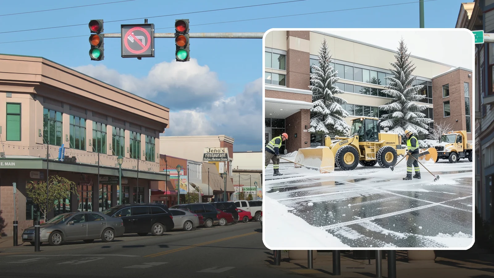 Office Building Snow Plowing in Monroe, Snohomish County, WA - We plow office building lots and entrances overnight so employees and clients arrive to clear, safe parking at opening.