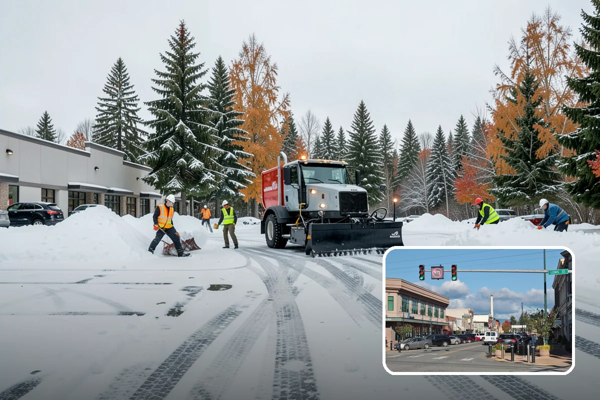 Office Building Snow Plowing in Monroe, Snohomish County, WA - Lots and entrances cleared before the morning arrival window